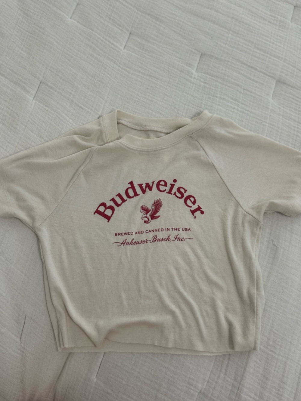 PacSun Cream Budweiser Graphic Crop Tee with Red Logo